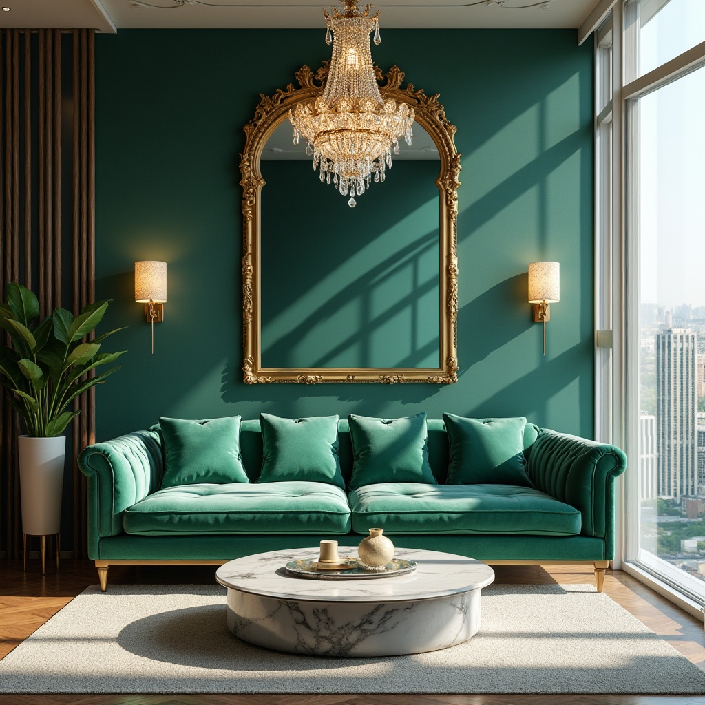 Prompt: Luxurious interior, malachite green accent wall, velvet sofa, golden frame, marble coffee table, crystal chandelier, ornate mirror, floor-to-ceiling windows, city skyline view, afternoon sunlight, soft shadows, elegant atmosphere, modern minimalist decor, subtle patterned rug, sleek lines, high-end material, sophisticated ambiance.