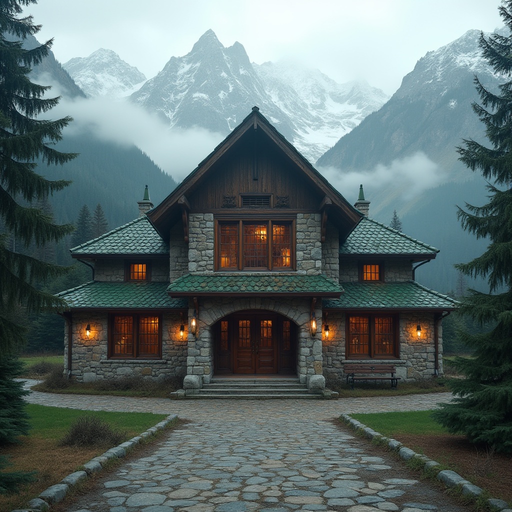 Prompt: Mountainous region, auditorium building, vernacular architecture, stone walls, wooden roof, green tiles, large windows, grand entrance, symmetrical composition, majestic mountains, snow-capped peaks, pine trees, misty atmosphere, foggy morning, warm lighting, dramatic shadows, 3/4 view, fisheye lens, cinematic mood.