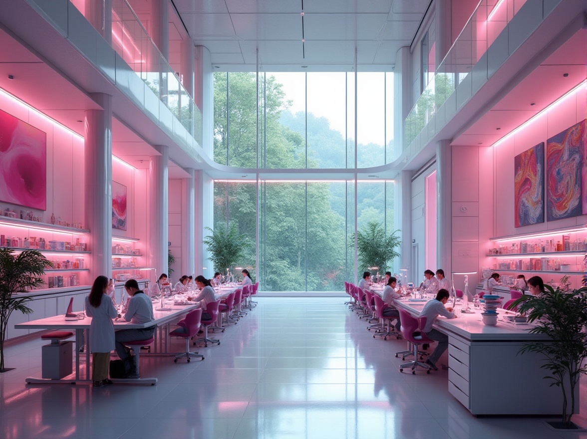 Prompt: Modern research center, futuristic architecture, fuchsia accent walls, sleek glass facade, minimalist interior design, rows of laboratory workstations, high-tech equipment, scientists in white lab coats, working diligently, subtle fuchsia highlights on chairs, tables, and shelves, natural light pouring through floor-to-ceiling windows, overlooking a lush green forest, abstract art pieces incorporating fuchsia hues, futuristic lighting fixtures, 3/4 composition, soft ambient lighting, cinematic atmosphere.