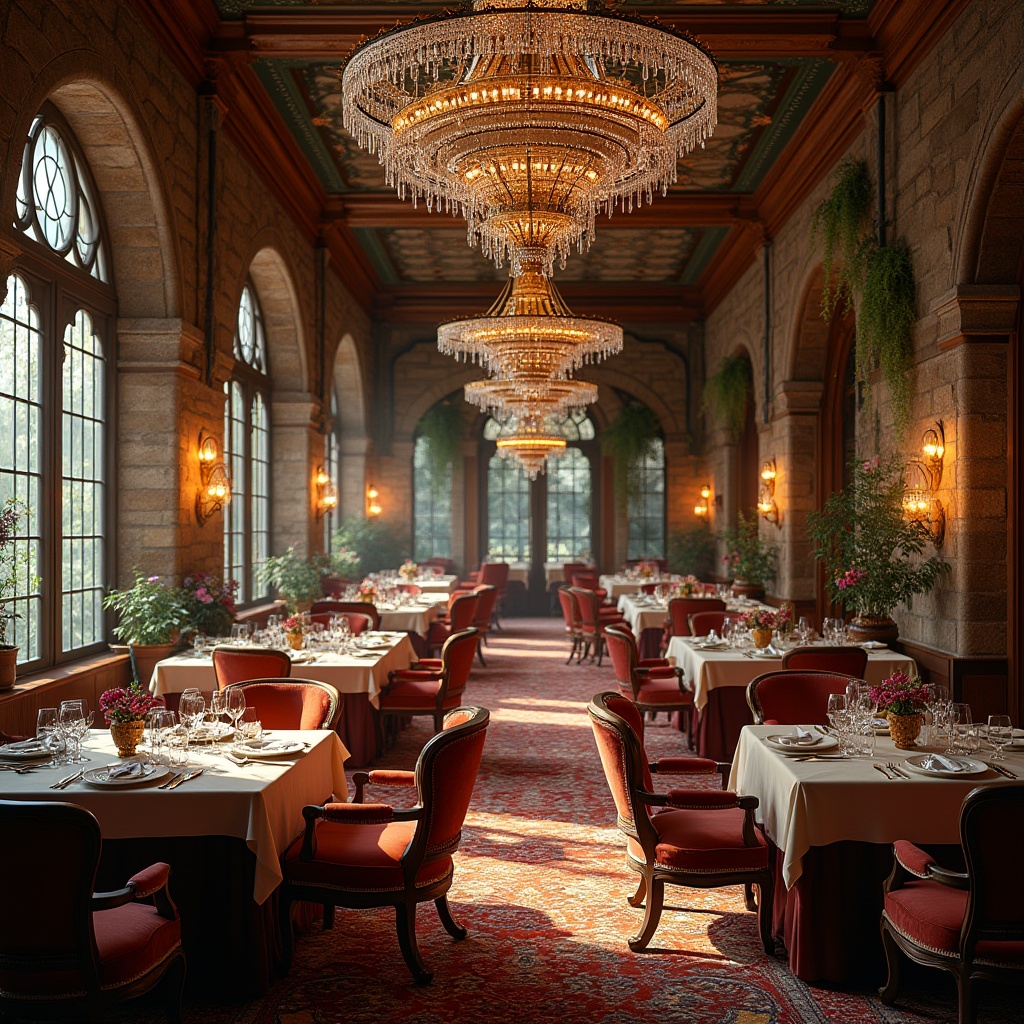 Prompt: Regionalism style dining hall, grand chandelier, crystal glass droplets, ornate metal framework, warm candlelight, wooden tables, comfortable velvet chairs, luxurious thick carpets, tall arched windows, stained glass ceiling, colorful regional patterns, intricate stone walls, rustic wooden beams, lively floral arrangements, afternoon soft light, 3/4 composition, warm atmosphere, elegant ambiance.