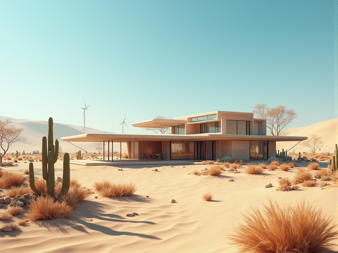 Prompt: Desert landscape, sandy dunes, cacti, vast open spaces, clear blue sky, hot sunny day, architectural structure, modern design, sustainable materials, earthy tones, minimalist interior, large windows, natural ventilation, solar panels, water harvesting system, green roof, adaptive shading devices, wind turbines, futuristic ambiance, cinematic composition, high contrast lighting, dramatic shadows.