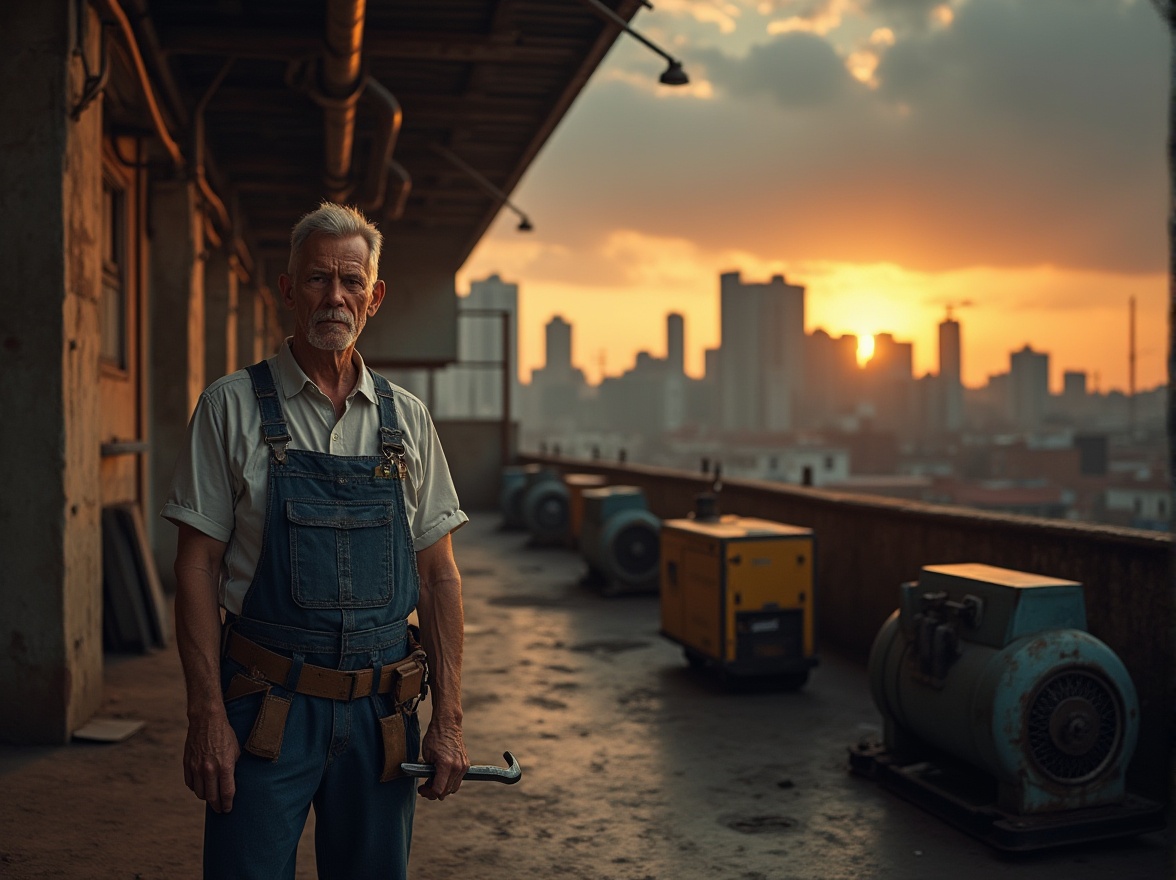 Prompt: Industrial area, warm wheat color tone, abandoned factory, rusty machinery, old brick walls, worn concrete floors, metal pipes, dim softbox lighting, atmospheric fog, mature male worker, denim overall, white shirt, tool belt, serious facial expression, holding a wrench, standing near a large generator, urban cityscape in the background, cloudy sky with warm sunlight peeking through.