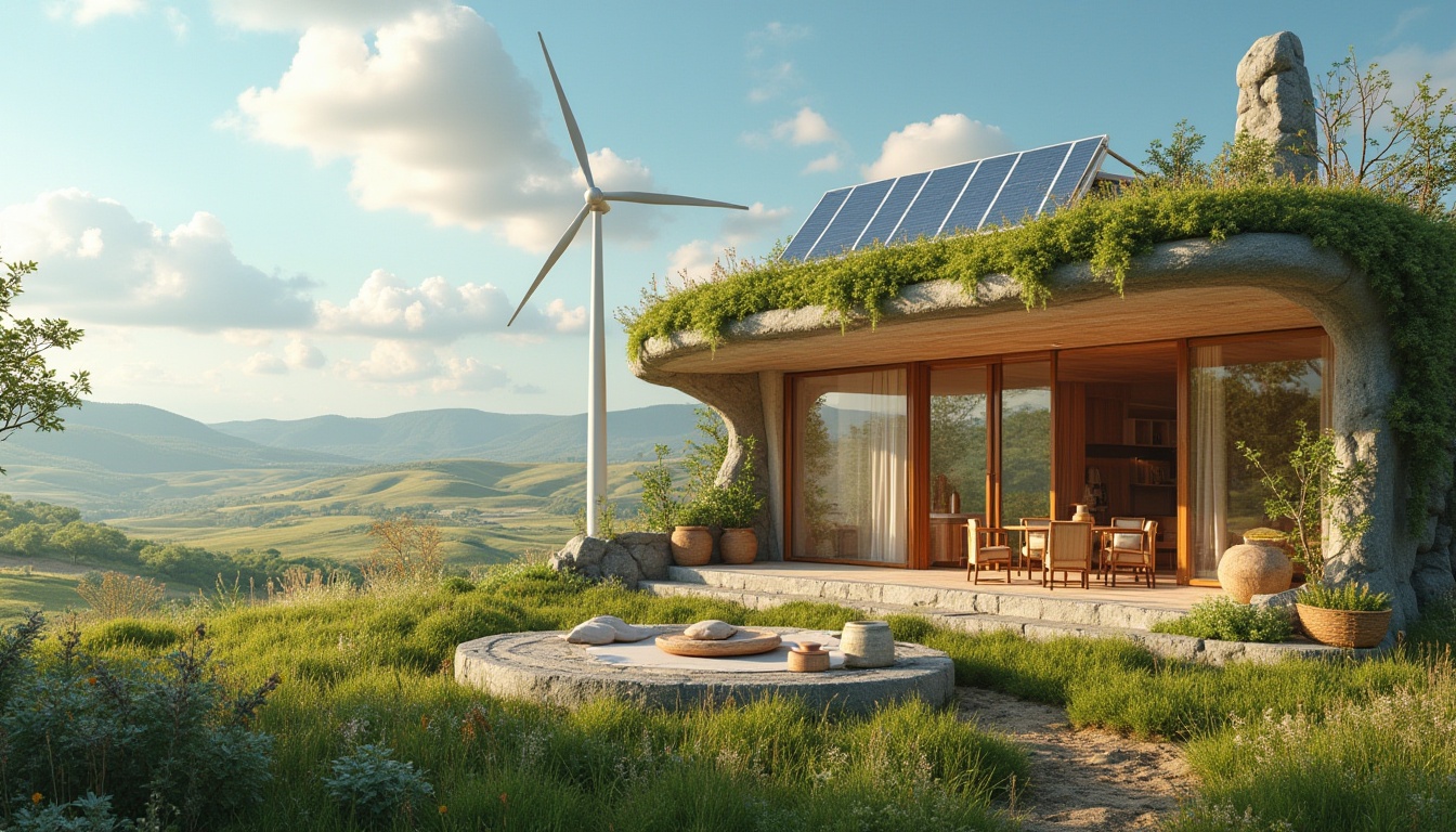 Prompt: Eco-friendly abode, grassland villa, modern architecture, solar panels, wind turbines, green roof, recycled materials, minimalist interior, natural textiles, woven baskets, potted plants, earthy tones, wooden accents, floor-to-ceiling windows, panoramic view, rolling hills, wildflowers, blue skies, fluffy white clouds, gentle breeze, serene atmosphere, warm lighting, cozy nooks.