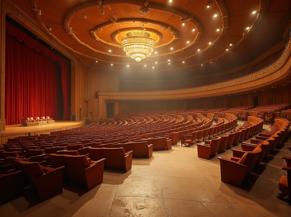 Prompt: Mountainous auditorium, grandiose architecture, Sienna color walls, warm beige stone floors, curved wooden benches, rustic metal handrails, vast open space, high ceiling, grand chandelier, dramatic lighting, spotlights on stage, red velvet curtains, luxurious atmosphere, 3/4 composition, low-angle shot, cinematic mood, soft focus, warm tone, realistic texture.