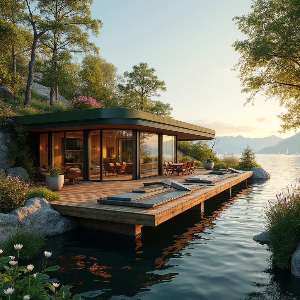 Prompt: Lakefront house, modern architecture, large windows, sliding glass doors, wooden decks, outdoor furniture, green roof, solar panels, natural stone walls, water feature, koi pond, lush vegetation, tall trees, blooming flowers, serene atmosphere, warm sunset light, calm lake waters, gentle waves, sailboats in the distance, distant mountains, misty morning, soft focus, 3/4 composition, cinematic lighting.