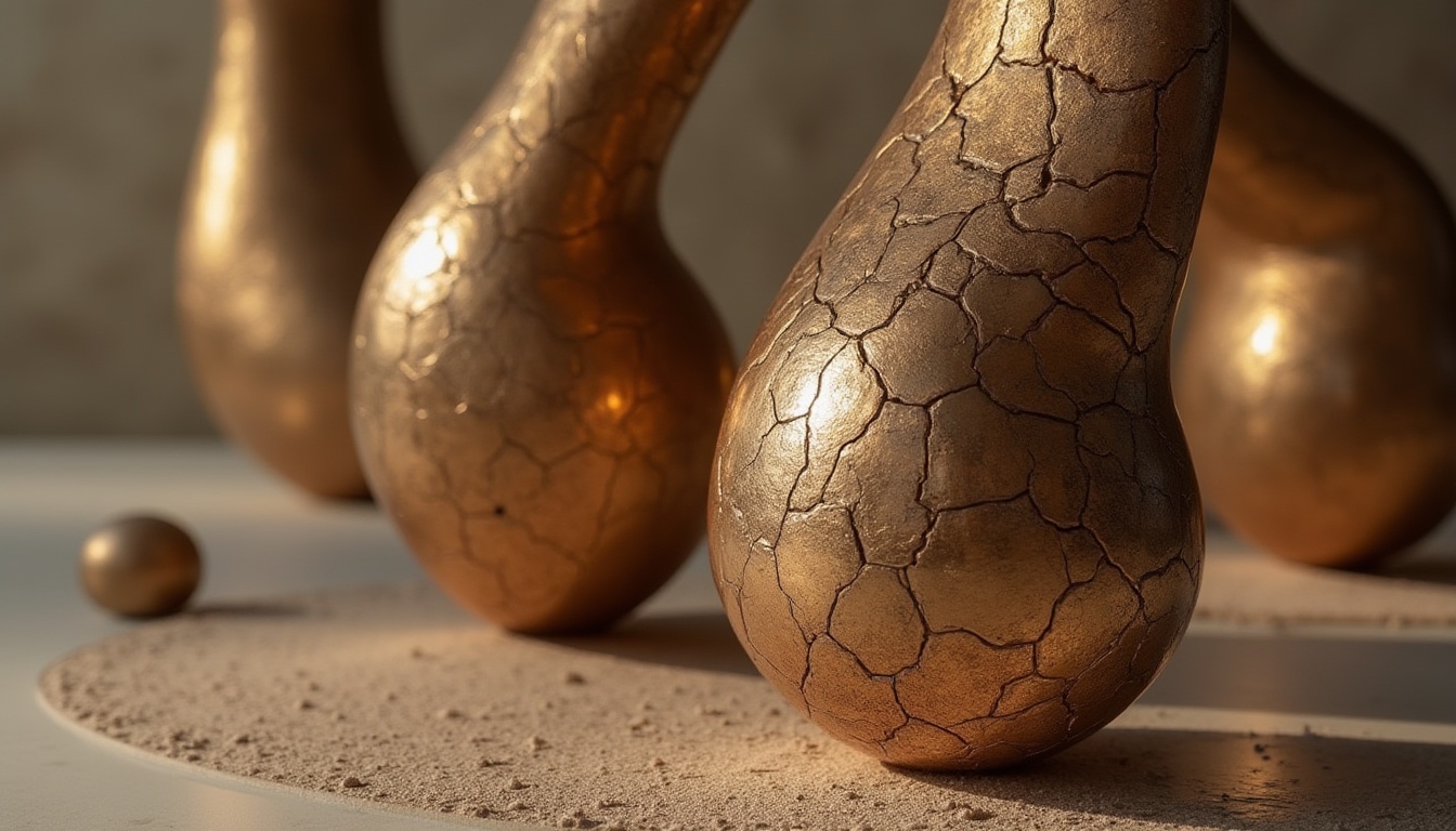 Prompt: Sand-casted materials, modern design, luxury villa, interior decoration, artistic sculpture, abstract shape, metallic texture, bronze color, intricate patterns, detailed cracks, natural light, warm ambient, 3/4 composition, shallow depth of field, close-up shot, soft focus, high-end product photography.