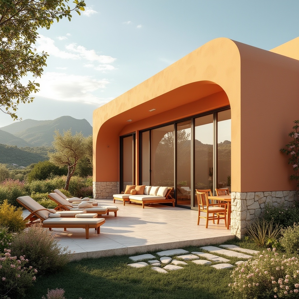 Prompt: Apricot-colored modern villa, exterior design, warm tone, Mediterranean style, curved lines, large windows, sliding glass doors, natural stone walls, lush greenery, blooming flowers, sunny afternoon, soft shadows, 3/4 composition, warm lighting, vibrant apricot hue, creamy white accents, wooden outdoor furniture, comfortable seating area, scenic mountain view, gentle breeze.