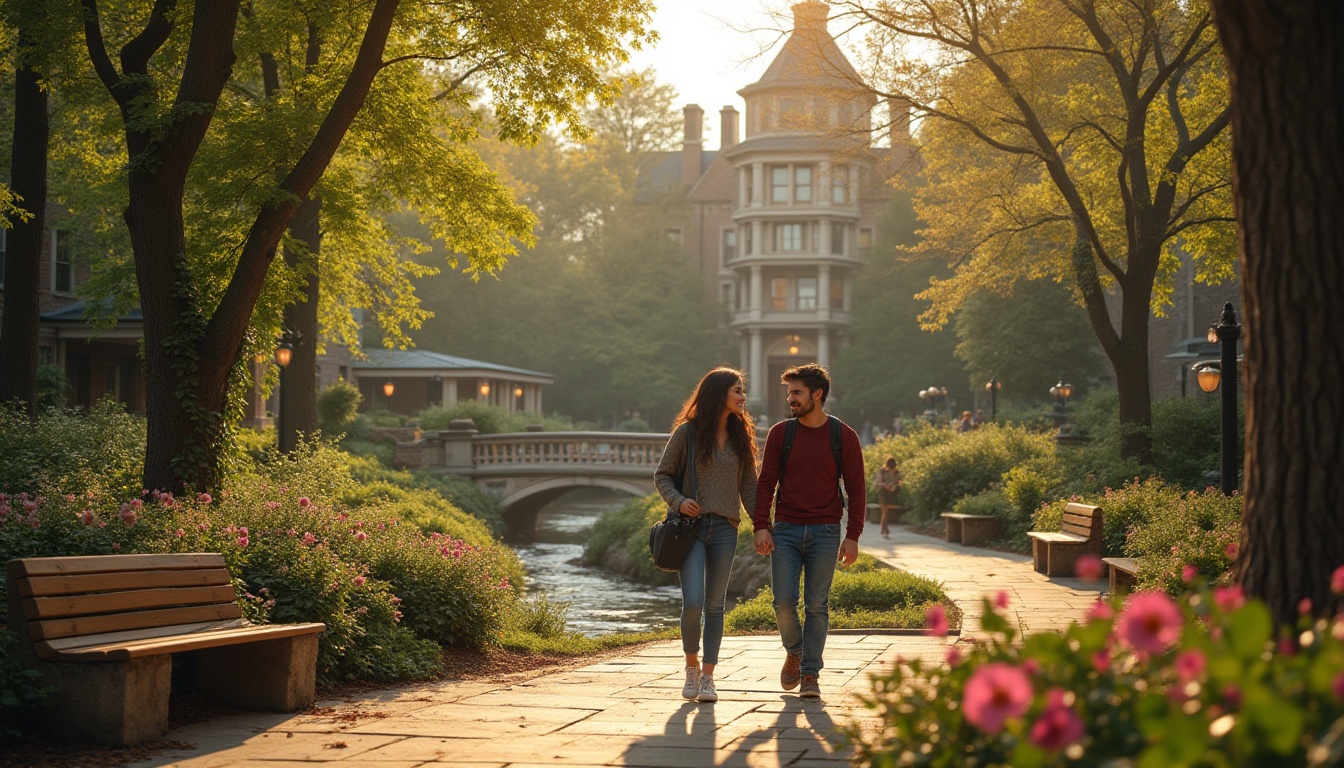 Prompt: Romantic campus scene, incorporating nature elements, warm sunlight filtering through lush green trees, beautiful blooming flowers surrounding walking paths, elegant Gothic-style buildings with climbing vines, charming stone benches amidst serene gardens, a gentle stream running through the campus, wooden bridges crossing over, students strolling hand-in-hand, smiling and chatting, casual wear, jeans, sweaters, backpacks, warm lighting, soft focus, shallow depth of field, cinematic composition.