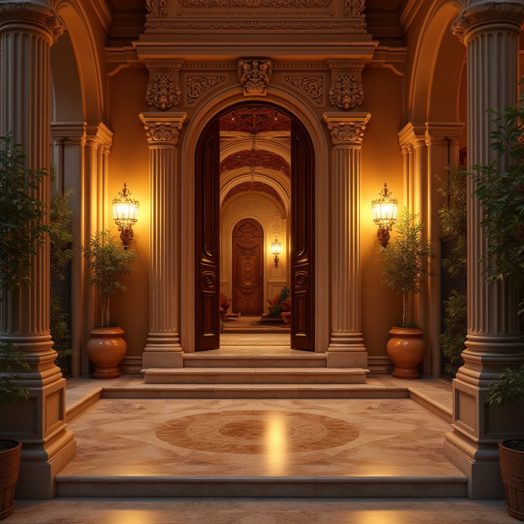 Prompt: Warm amber color, luxurious villa, Mediterranean style, intricate stone carvings, ornate wooden doors, grand entrance, symmetrical facade, tall columns, marble floors, cozy interior, warm lighting, soft shadows, evening atmosphere, golden hour, 3/4 composition, shallow depth of field, natural texture, realistic rendering.