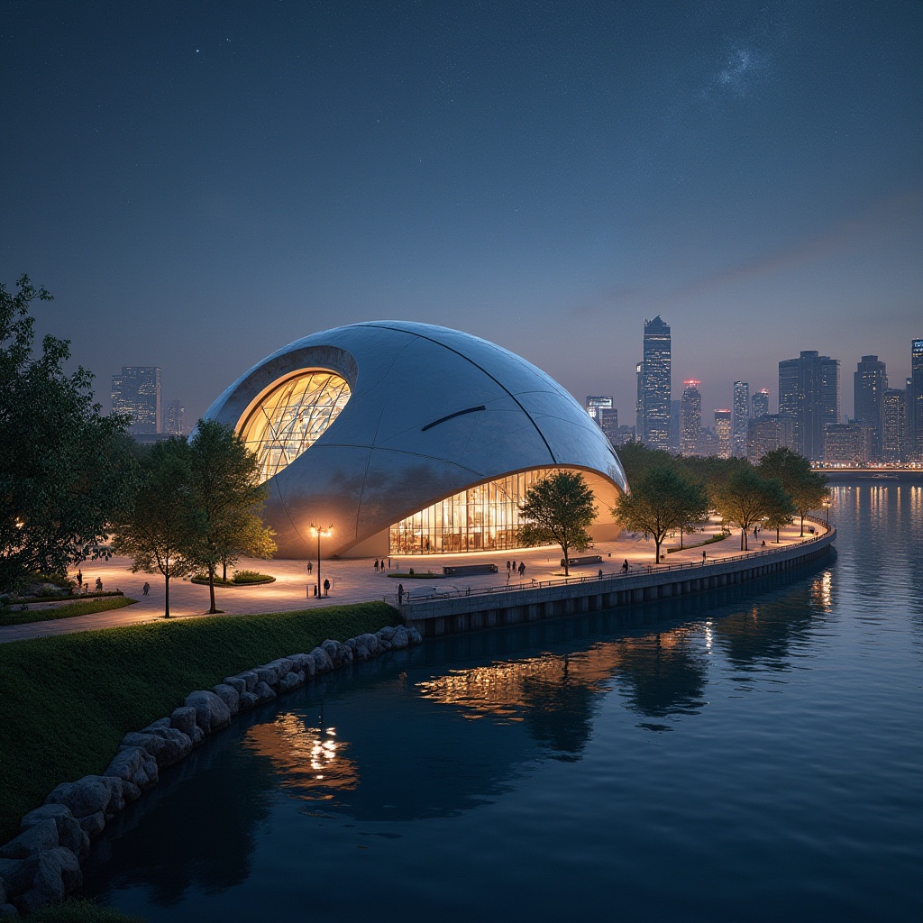 Prompt: Riverbank planetarium, streamline moderne style, futuristic architecture, silver domed roof, circular building shape, surrounded by calm river water, reflection of starry night sky, urban cityscape in distance, vibrant greenery on banks, pedestrian walkway, modern street lamps, sleek benches, people strolling, gentle river breeze, warm softbox lighting, cinematic composition, panoramic view.