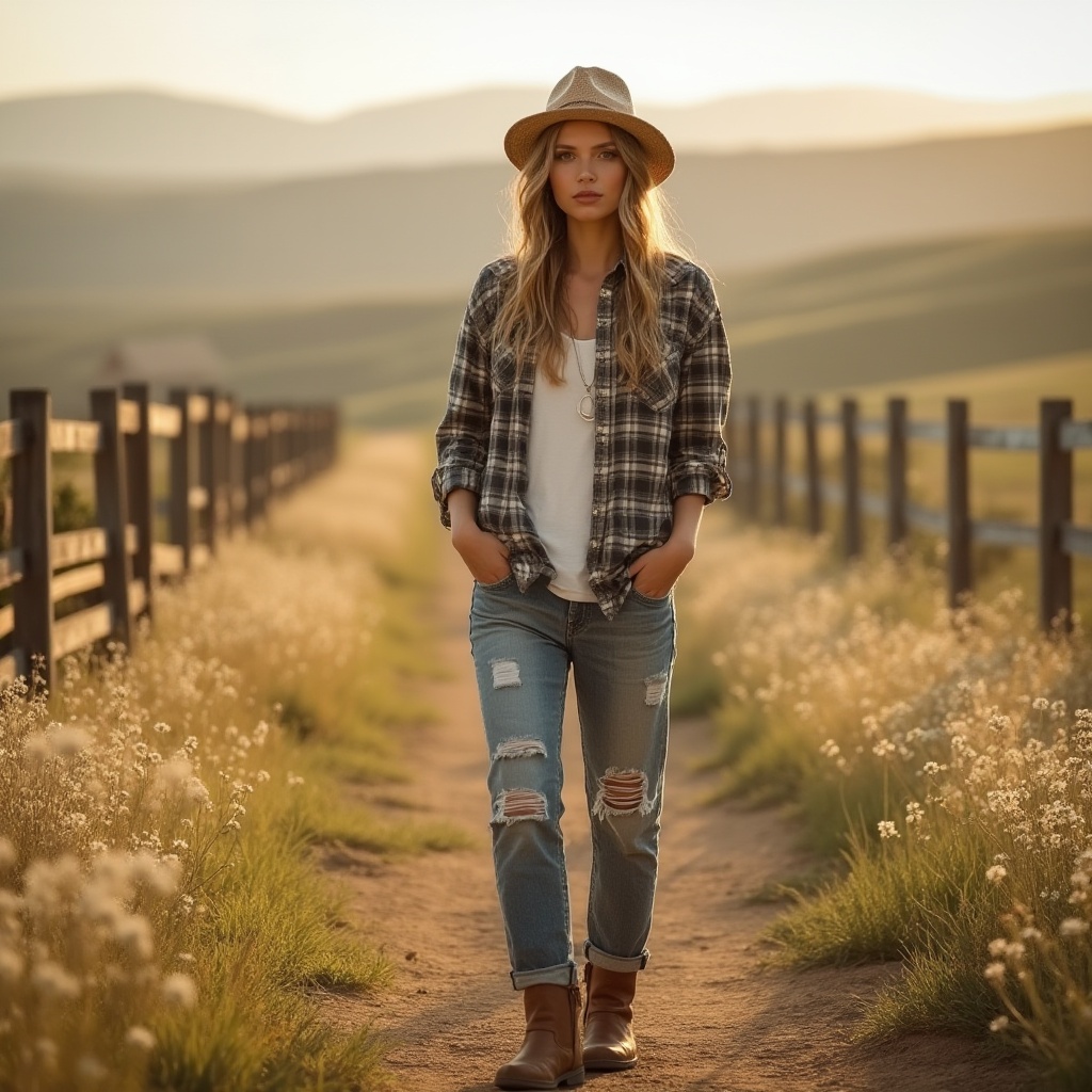 Prompt: Rural scenery, khaki color tone, earthy atmosphere, casual clothing, relaxed fit, plaid shirt, ripped jeans, brown boots, straw hat, gentle facial expression, standing pose, hands in pockets, countryside background, rolling hills, wildflowers, wooden fence, sunny day, soft warm lighting, natural composition, peaceful ambiance.