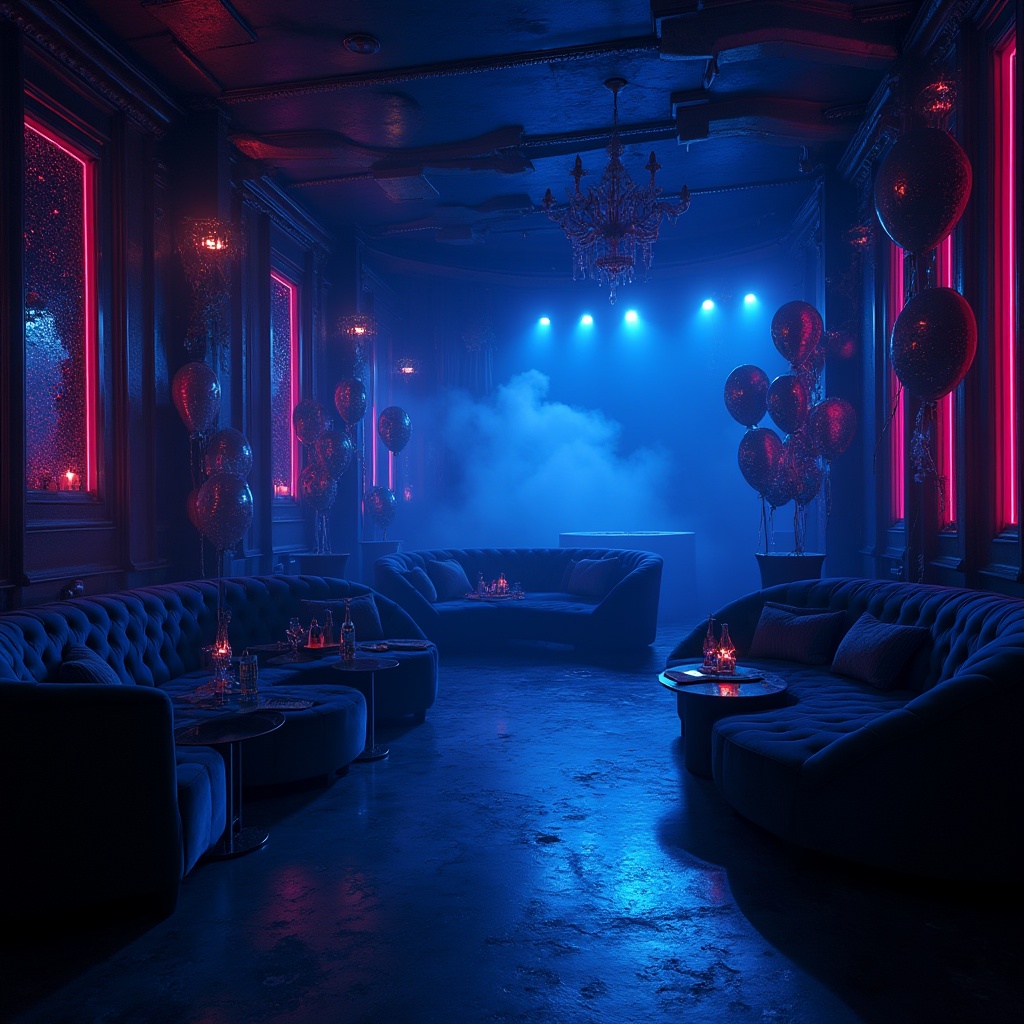 Prompt: Dark nightclub interior, Prussian blue accent walls, dimly lit, strobe lights, fog machines, DJ booth, flashing LED lights, luxurious velvet sofas, chrome tables, champagne bottles, cocktail glasses, confetti balloons, glamorous chandeliers, high ceilings, dramatic drapes, futuristic architecture, 3/4 composition, low-angle shot, vibrant color grading, deep shadows, cinematic mood, abstract reflections on the dance floor.