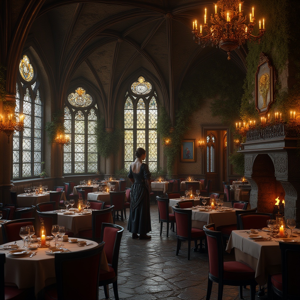 Prompt: Gothic style restaurant, luxurious atmosphere, high ceilings, grand chandeliers, stained glass windows, wooden tables, velvet chairs, dark wood accents, ornate metal decorations, candlelight, mysterious ambiance, solo diner, waitress in medieval costume, holding a menu, standing near a stone fireplace, warm lighting, intimate composition, 3/4 view, rich textures, detailed ornaments, earthy tones, moss-covered walls, ivy climbing up the walls, natural materials, reclaimed wood, eco-friendly fabrics, energy-efficient lighting.