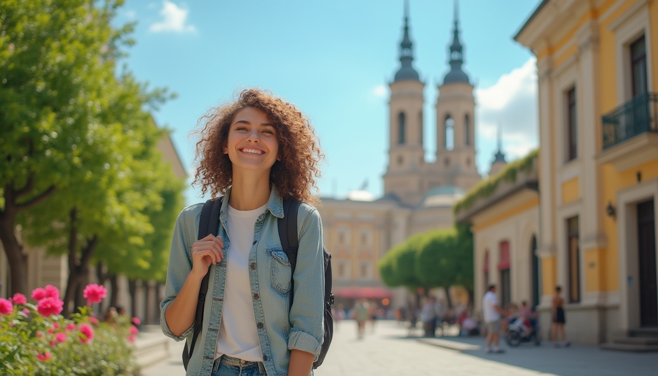 Prompt: tourist, woman, 25yo, smiling, happy, bright eyes, curly brown hair, light makeup, casual clothing, comfortable shoes, backpack, walking, looking around, excited, city square, historic building, old clock tower, sunny day, clear blue sky, few white clouds, lush green trees, vibrant flowers, stone pavement, warm lighting, cinematic composition.