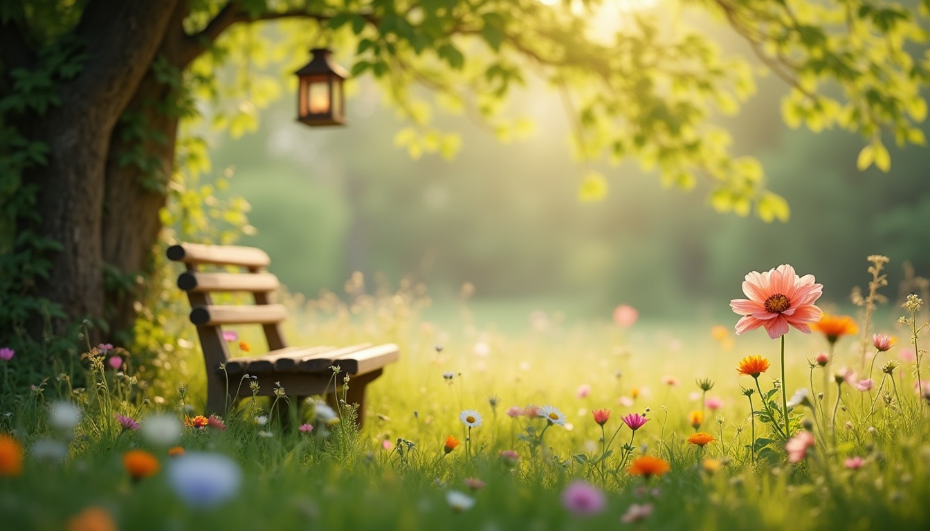 Prompt: Whimsical meadow scene, vibrant wildflowers in bloom, gentle breeze rustling petals, soft green grass, wooden bench amidst nature, rustic lantern hanging from a tree branch, warm sunlight filtering through leafy canopy, shallow focus on a single blooming flower, blurred background with subtle bokeh effect, serene atmosphere, natural color palette, intricate details on flowers and leaves, 3/4 composition, slight Dutch angle, softbox lighting, cinematic feel.