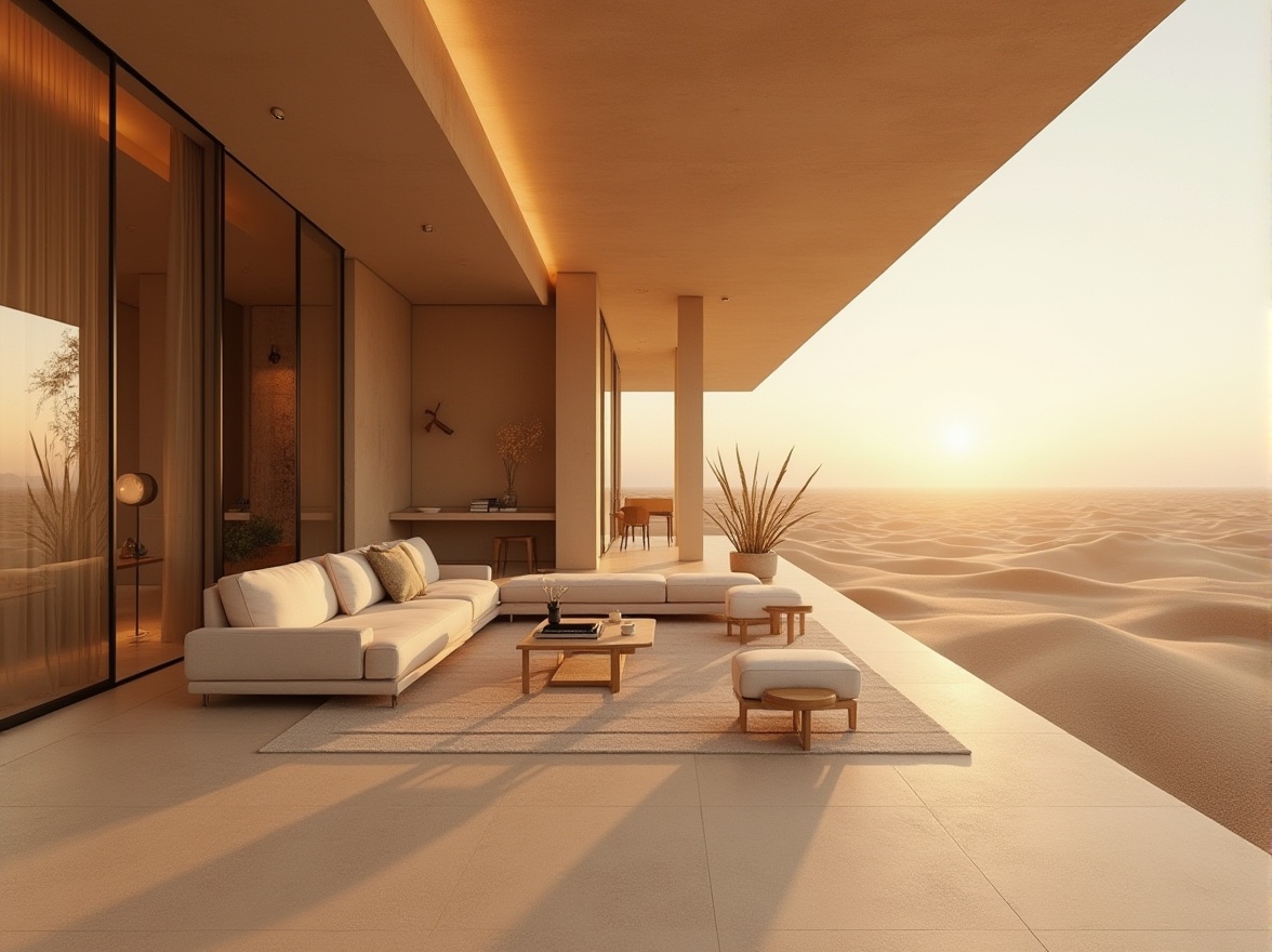 Prompt: Sand-casted materials, modern architecture, luxurious villa, warm beige walls, large glass windows, minimalist interior design, sleek wooden furniture, sandy dunes, endless desert landscape, golden hour lighting, soft shadows, 3/4 composition, natural texture, organic structure, ambient occlusion, cinematic rendering.