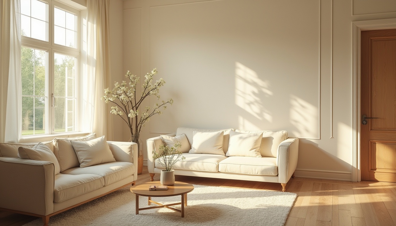 Prompt: Cream color interior, calming ambiance, soft warm lighting, cozy atmosphere, elegant furniture, velvet sofa, fluffy carpet, wooden coffee table, white flowers in a vase, gentle shadows on walls, large windows with sheer curtains, sunny day, natural light pouring in, peaceful residential area, suburban neighborhood, greenery outside, serene and quiet surroundings.