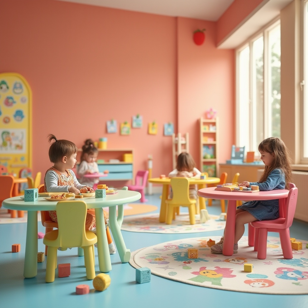 Prompt: Colorful kindergarten interior, bright plastic tables, rounded edges, soft pastel colors, educational toys scattered, building blocks, shape sorters, ABC rugs, cartoon character decorations, happy children playing, laughter sounds, warm afternoon lighting, shallow depth of field, 3/4 composition, soft focus, vibrant coral pink walls, blue floors, modern minimalist architecture.