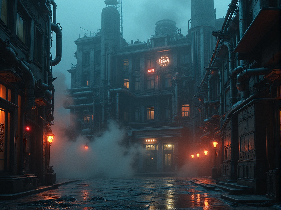 Prompt: School building, metabolism style, futuristic architecture, vibrant neon lights, intricate pipes, steam punk elements, metallic materials, industrial textures, complex machinery, gears, clockwork mechanisms, dynamic angles, low-angle shot, dramatic lighting, intense shadows, misty atmosphere, soft focus, bokeh effect, 3/4 composition, cinematic mood, depth of field, cyberpunk inspiration.