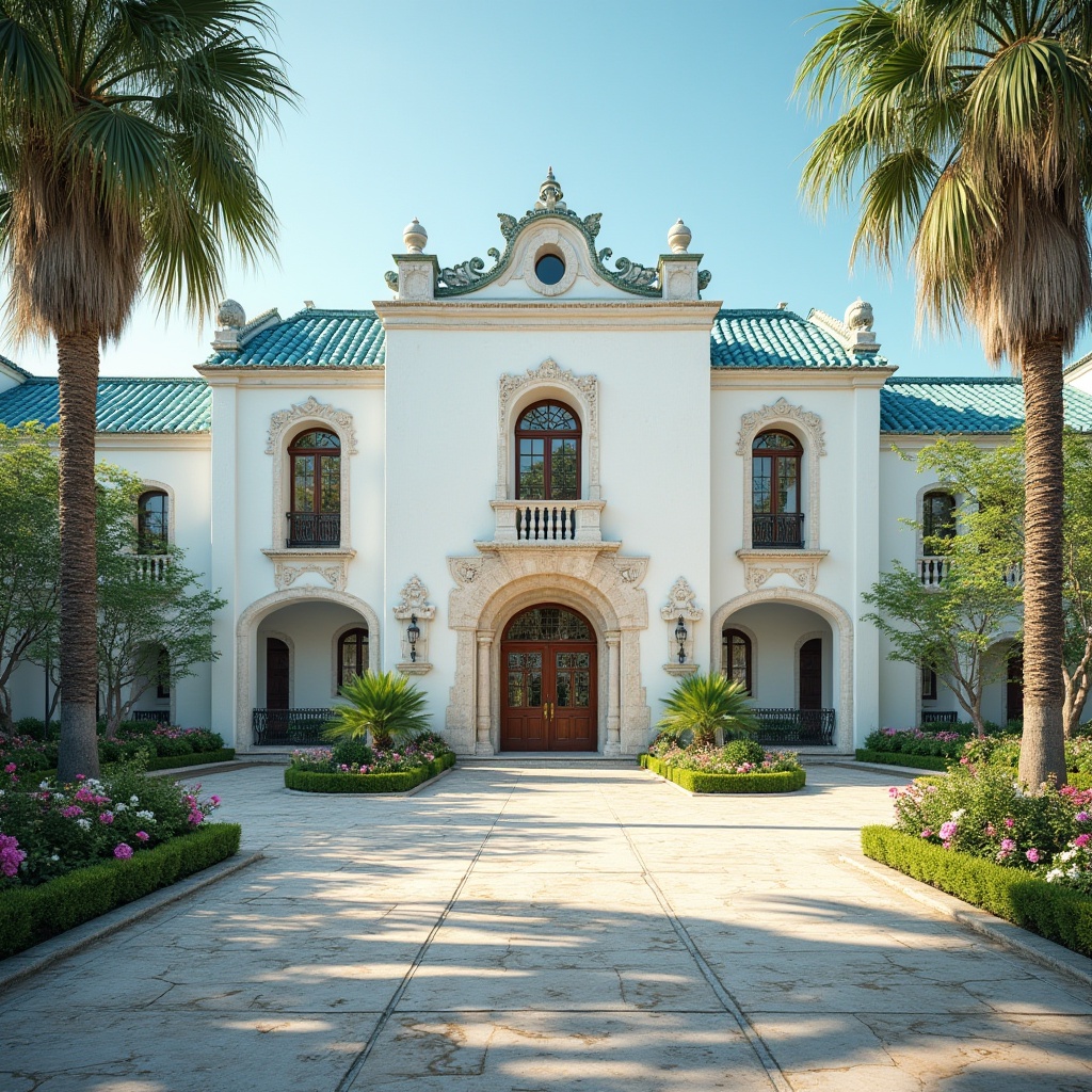 Prompt: Regionalism style school building, Azure color tone, Mediterranean architecture, white stone walls, blue-green glazed roof tiles, ornate wooden doors, intricate ironwork, sprawling courtyard, lush greenery, palm trees, vibrant blooming flowers, warm sunny day, soft diffuse light, gentle shadows, 3/4 composition, symmetrical framing.