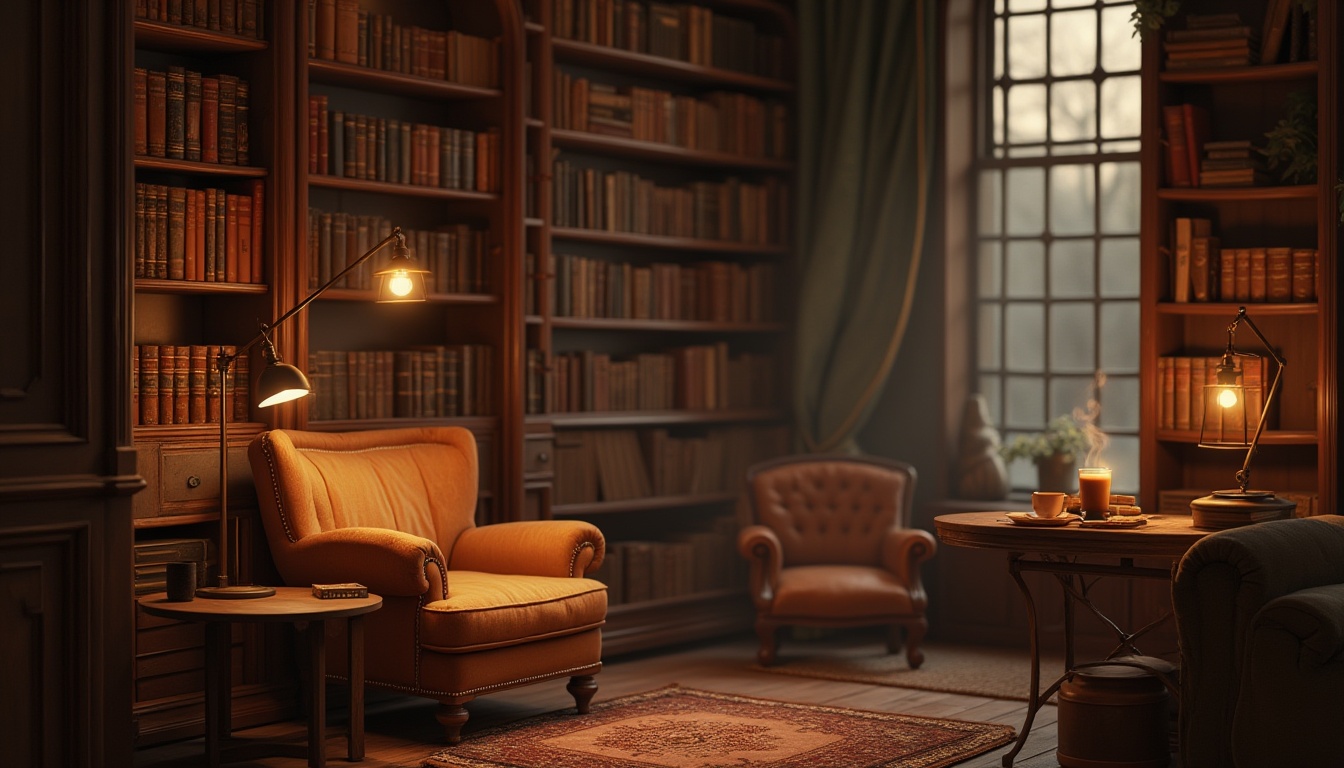 Prompt: Cozy library interior, warm coffee colors, wooden bookshelves, comfortable reading nook, plush armchair, soft cushion, warm floor lamp, dimmed lighting, rich brown leather-bound books, rustic wooden tables, metal reading lamps, steaming cup of coffee, aromatic scent, subtle wood grain texture, earthy tones, inviting atmosphere, 3/4 composition, shallow depth of field, warm color palette.