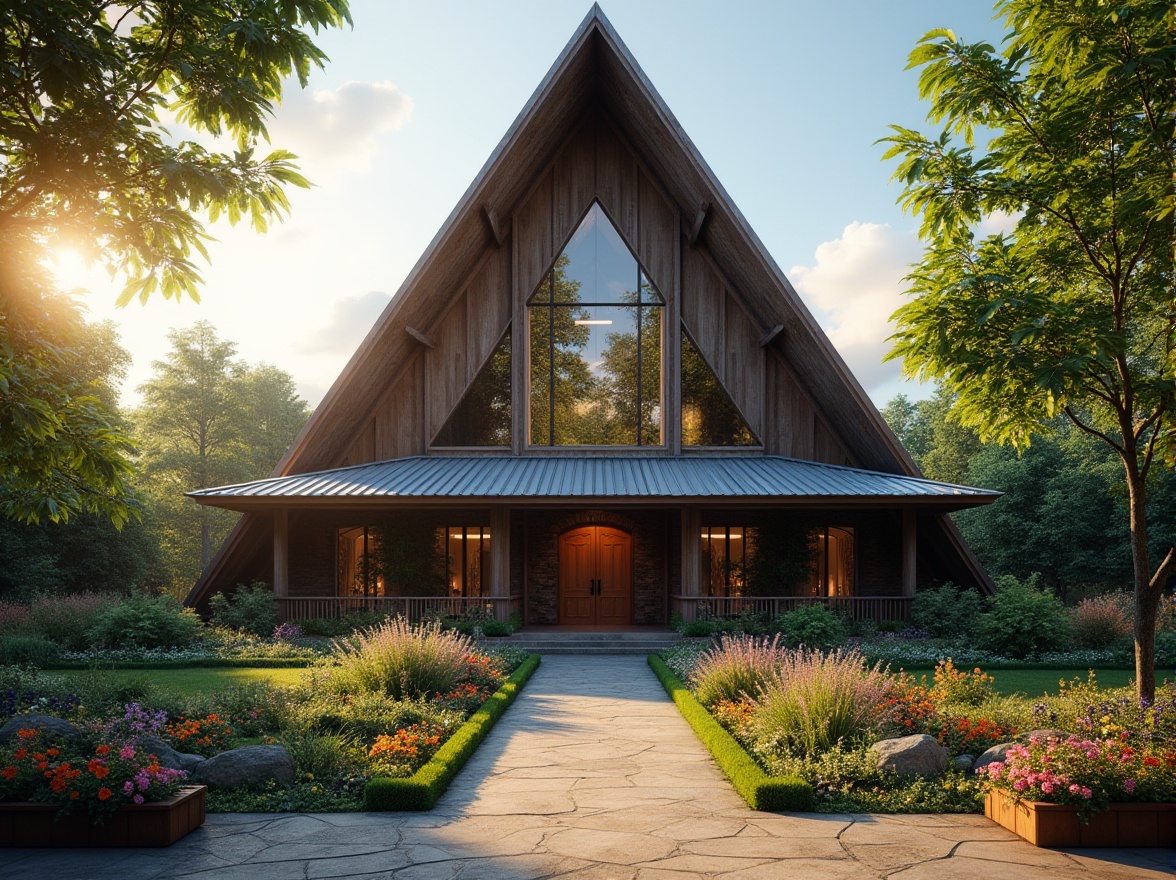 Prompt: Modern church, corrugated iron roof, triangular structure, grand entrance, stained glass windows, rustic wooden doors, intricate stone carvings, lush greenery surroundings, vibrant flower arrangements, afternoon sunlight casting dramatic shadows, warm ambient lighting, 3/4 composition, low-angle shot, majestic atmosphere.