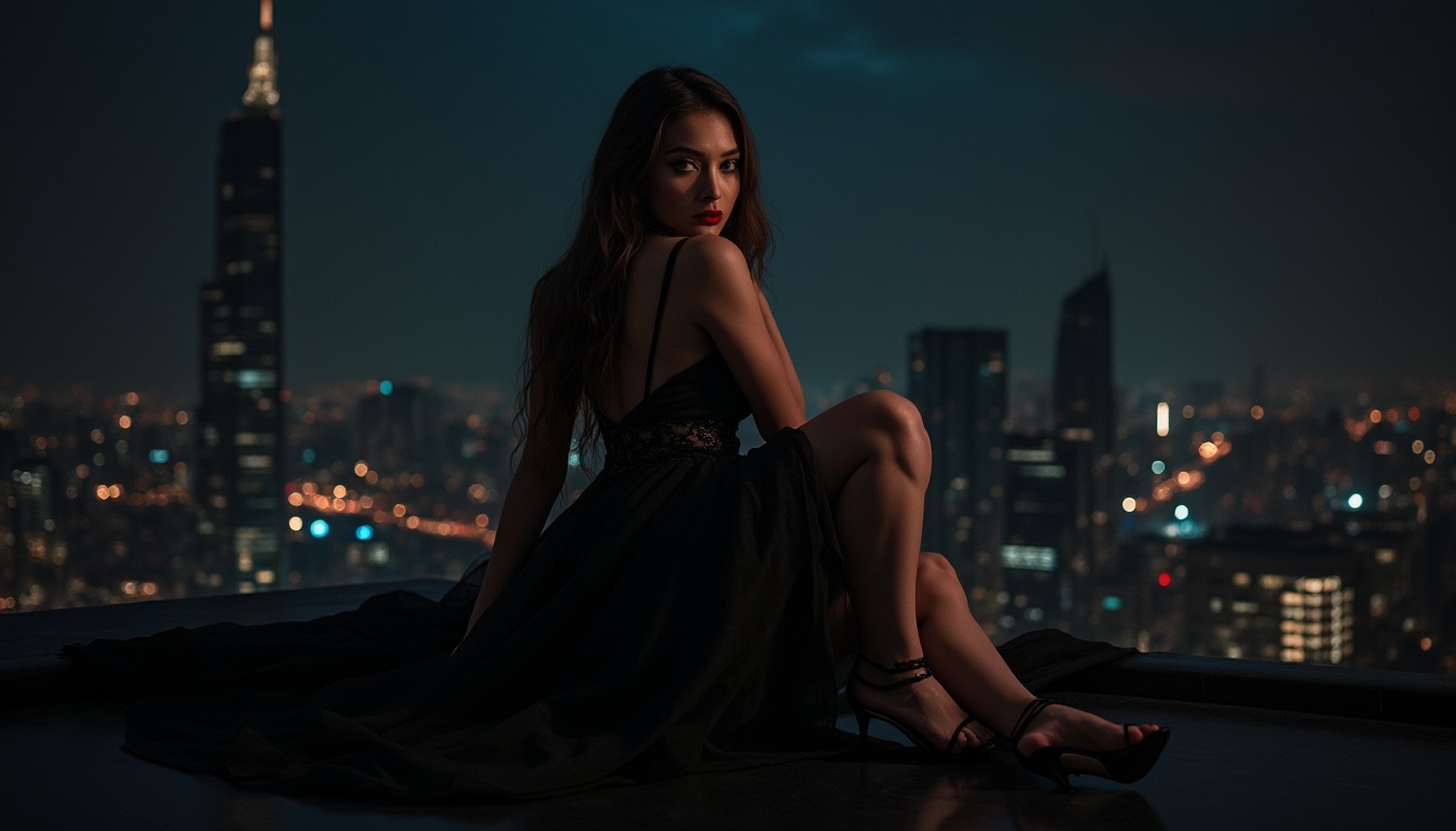 Prompt: Dark mysterious background, dramatic shadows, luxurious black dress, long flowing hair, bold red lipstick, elegant high heels, sophisticated cityscape at night, skyscraper, neon lights reflecting off the dark windows, metropolitan atmosphere, cinematic composition, low-key lighting, fish eye lens, mystery, power, elegance, luxury.