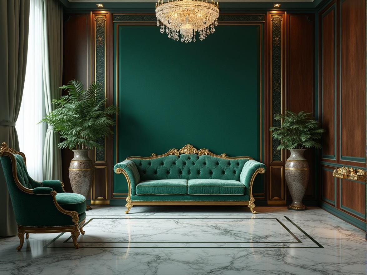 Prompt: Luxurious interior design, malachite green accent wall, marble flooring, velvet sofa with gold embroidery, ornate crystal chandelier, luxurious curtains with subtle sheen, expensive-looking wooden furniture, intricate carvings, lavish decorative vases, metallic golden frames, softbox lighting, dramatic shadows, cinematic composition, high-end ambiance.