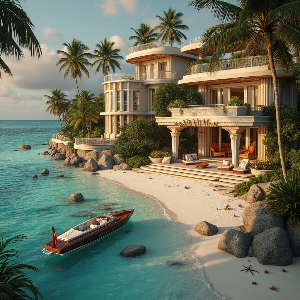 Prompt: Art Deco island, luxurious villa, tropical plants, palm trees, white sandy beach, crystal clear turquoise water, coral reef, seashells, starfish, vintage speedboat, 1920s inspired architecture, ornate decorations, geometric patterns, metallic accents, lavish interior design, velvet sofas, marble floors, grand chandelier, floor-to-ceiling windows, panoramic view, dramatic lighting, cinematic composition, warm sunset, soft focus, HDR.