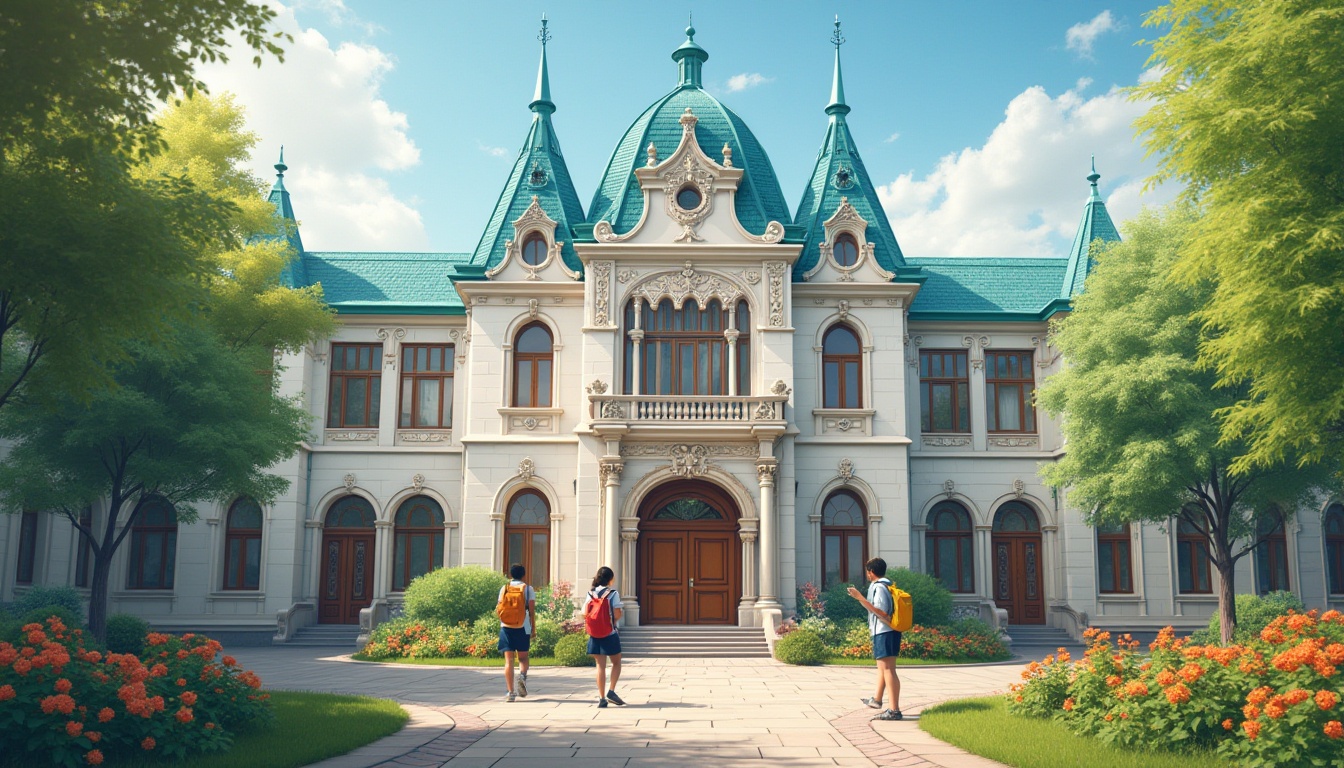 Prompt: Regionalism style school building, incorporating Azure color, blue-green roofs, white walls with ornate stonework, tall arched windows, wooden doors, lush greenery surrounding the campus, blooming flowers in vibrant colors, students in casual uniforms walking towards the entrance, backpacks and books in hand, warm sunlight casting long shadows, soft focus on the background, 3/4 composition, panoramic view of the school's facade, cinematic lighting with a sense of nostalgia.