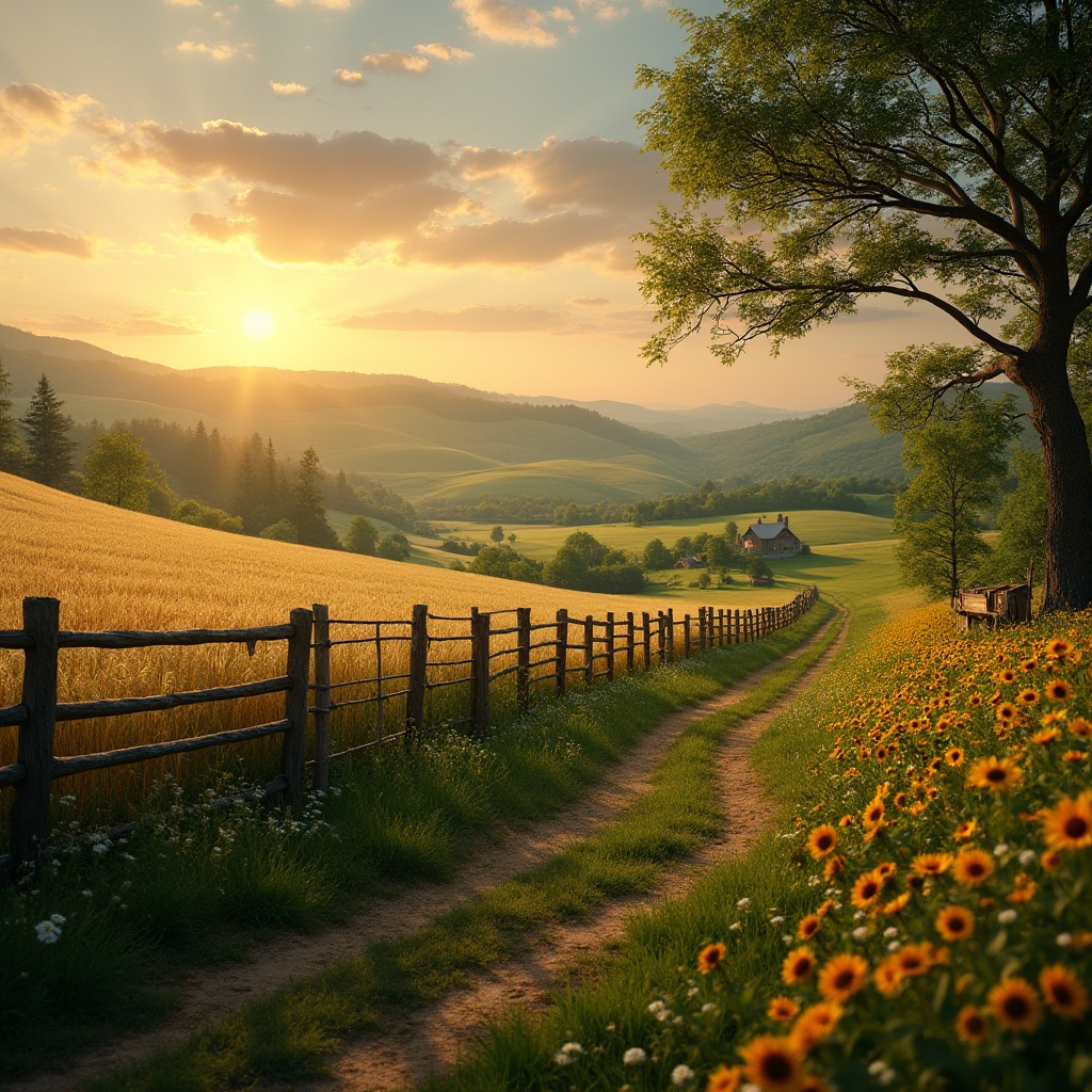 Prompt: Integrating farmland into design, countryside landscape, vast green fields, rolling hills, rustic wooden fences, farmhouse in the distance, sunset time, warm golden light, soft focus on foreground, detailed texture on crops, wheat, oats, sunflowers, daisies, a winding dirt path, tractor tracks, scattered farm tools, old oak tree, natural scenery, serene atmosphere, cinematic composition, panoramic view, 3/4 perspective, shallow depth of field, warm color tone, idyllic ambiance.