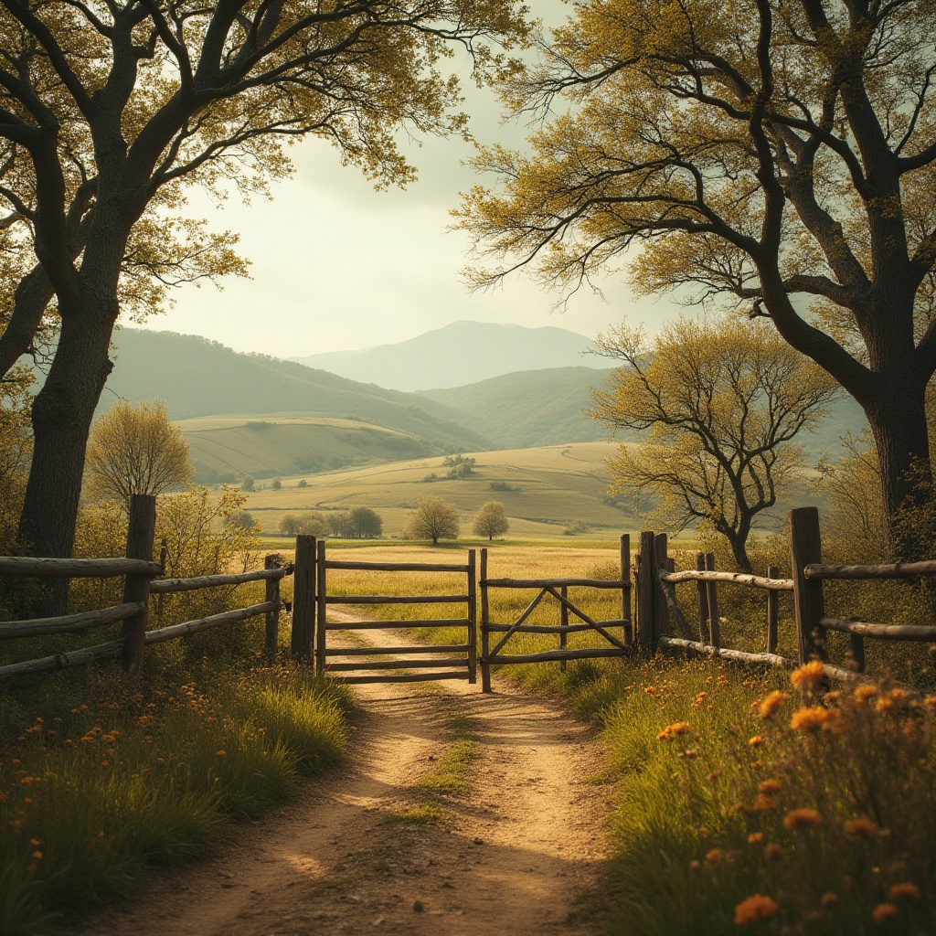 Prompt: Rural landscape, khaki color tone, earthy atmosphere, natural scenery, rolling hills, vast fields, rustic wooden fences, wildflowers blooming, trees with dense foliage, a winding dirt path, vintage metal gate, overcast sky, soft warm light, cinematic composition, 3/4 angle shot, depth of field, realistic texture, HDR.