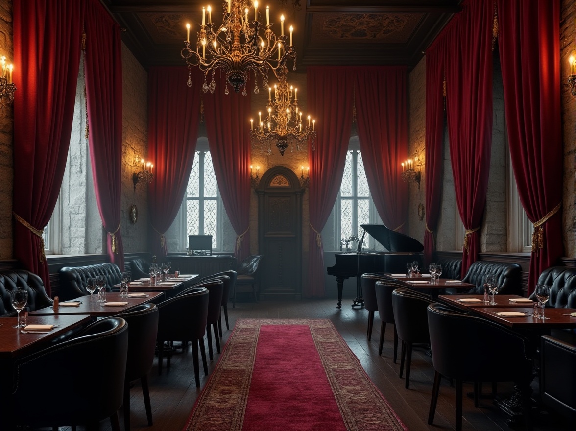 Prompt: Dark Gothic restaurant, luxurious velvet curtains, intricate iron chandeliers, mysterious candelabras, ornate wooden tables, black leather sofas, Victorian-style armchairs, heavy drapery with gold tassels, dimly lit, warm atmosphere, stone walls, medieval-inspired decorations, ancient artifacts on shelves, mysterious ambiance, foggy windows, grand piano in corner, dark wood flooring, rich red carpet.