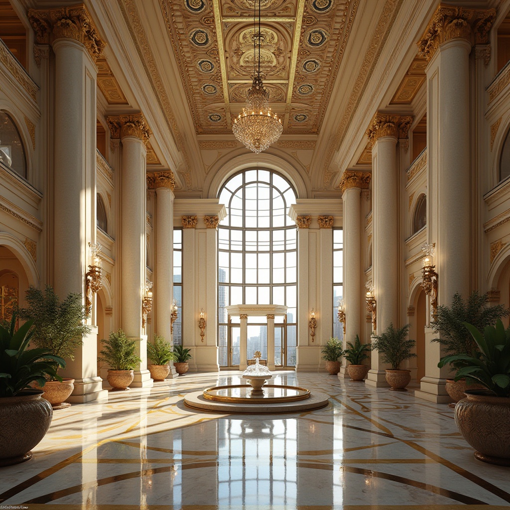 Prompt: Neoclassical skyscraper, grandiose, majestic, luxurious, Art Deco patterns, ornate details, symmetrical composition, marble floors, high ceilings, crystal chandeliers, Roman columns, statues, fountains, lavish lobbies, metallic accents, glass walls, panoramic city view, daytime, clear sky, warm sunlight, cinematic lighting, 3/4 composition, low-angle shot, dramatic shadows, historic landmark.