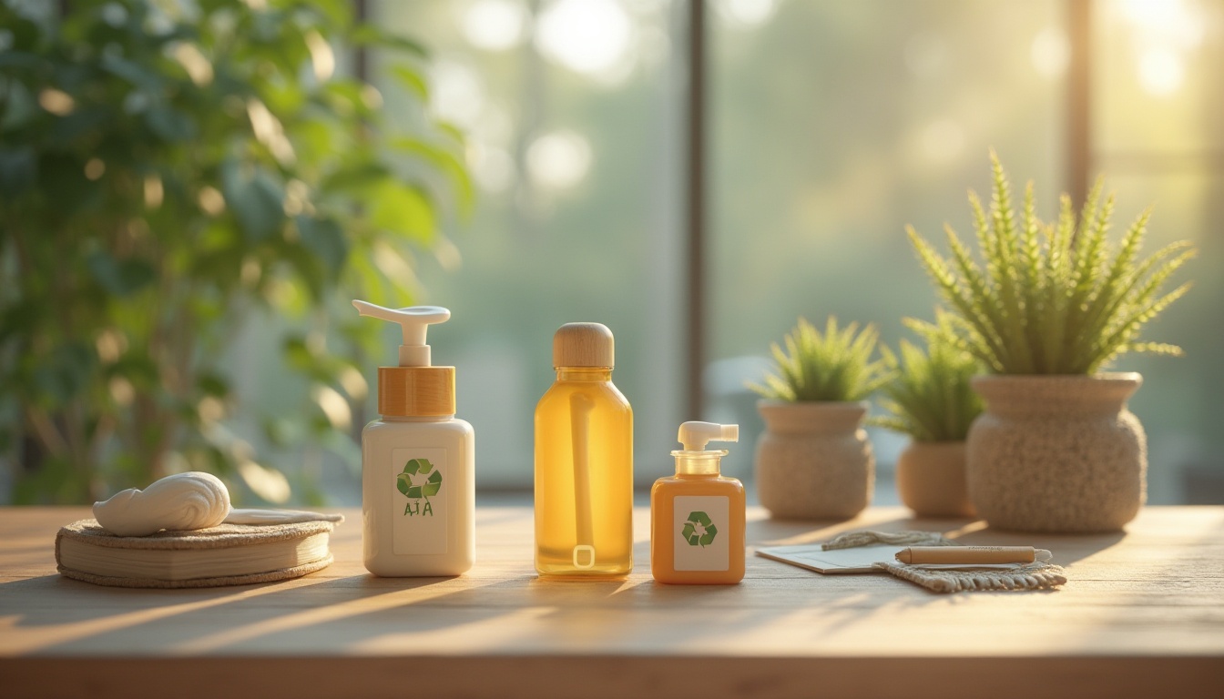 Prompt: Eco-friendly product design, sustainable materials, plastic alternatives, recycling symbol, modern interior, minimalist style, natural light, wooden table, potted plants, 3/4 composition, soft focus, warm tone, shallow depth of field, educational atmosphere, creative workspace.