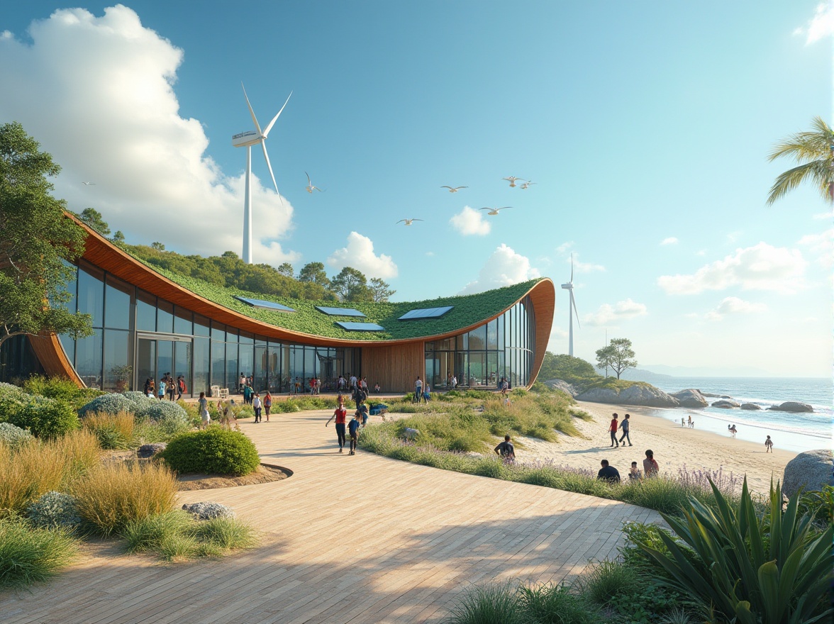 Prompt: Coastal youth center, modern green architecture, curved lines, large windows, solar panels, wind turbines, recycled materials, wooden decking, ocean views, beachside location, seagulls flying overhead, sunny day, clear blue sky, few white clouds, gentle sea breeze, sound of waves crashing, young people playing, laughing, vibrant colors, natural textures, eco-friendly design, sustainable living, 3/4 composition, panoramic view, warm lighting.