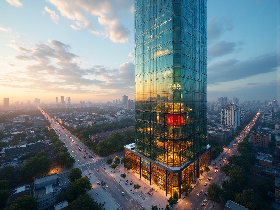 Prompt: Modern skyscraper, urban cityscape, colored glass façade, reflective surface, vibrant hues, blue, green, yellow, red, orange, geometric patterns, angular lines, sleek architecture, steel frame, concrete foundation, bustling streets, busy pedestrians, cars moving, sunny day, clear sky, dramatic cloud formations, high-angle shot, panoramic view, city lights at dusk, warm ambient lighting.