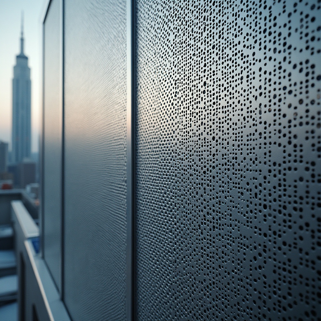 Prompt: Modern perforated metal, silver, grid pattern, industrial texture, urban atmosphere, cityscape background, skyscraper, rooftop, minimal decoration, sleek lines, futuristic vibe, metallic sheen, low-angle shot, dramatic lighting, high-contrast composition, bold geometric shapes.