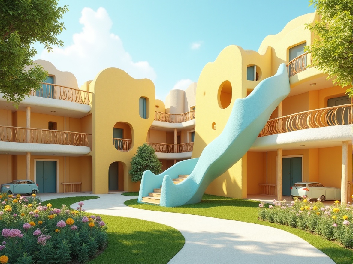 Prompt: Vibrant kindergarten, fusion architecture style, colorful building blocks, irregular shape windows, rounded edges, playful staircase, soft pastel colors, cream yellow walls, bright blue accents, natural wood textures, wavy rooflines, whimsical tree sculptures, blooming flower beds, lush green grass, sunny day, warm soft lighting, panoramic view, 3/4 composition, ambient atmosphere.