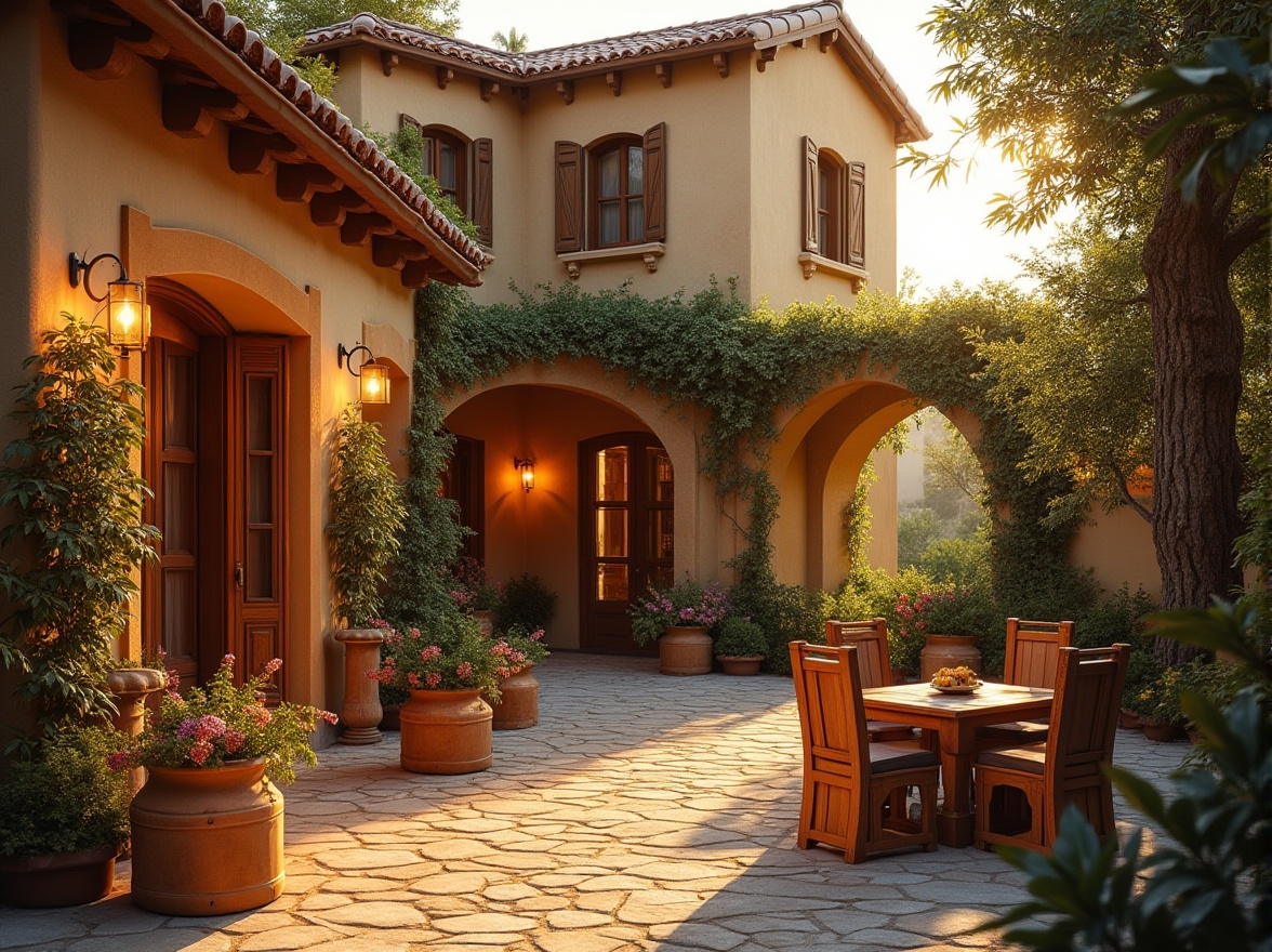 Prompt: Warm amber color, cozy atmosphere, luxurious villa, Mediterranean style, curved lines, arched windows, rustic stone walls, wooden shutters, clay roof tiles, lush greenery, blooming flowers, intimate courtyard, soft warm lighting, late afternoon sun, gentle shadows, serene ambiance, 3/4 composition, cinematic feel.