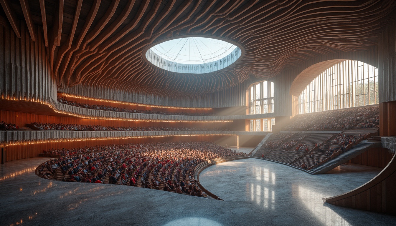 Prompt: Auditorium, modern architecture, corrugated iron, curved lines, metallic texture, silver color, complex structure, geometric shapes, grand staircase, marble flooring, soft box lighting, warm ambient atmosphere, panoramic view, 3/4 composition, dramatic shadows, symmetrical design, elegant decor, luxurious chandeliers, comfortable seating area, busy crowd, daytime scene, natural light pouring in through large windows.