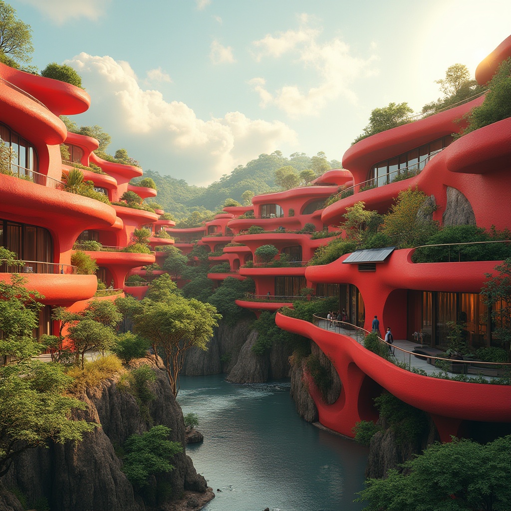 Prompt: Vibrant red accents, organic architecture, futuristic buildings, curved lines, natural materials, wood, stone, plants integrated, green roof, solar panels, eco-friendly, sustainable design, bold geometric shapes, dynamic angles, panoramic view, warm lighting, afternoon sun, clouds drifting by, serene atmosphere, 3/4 composition, cinematic depth of field.