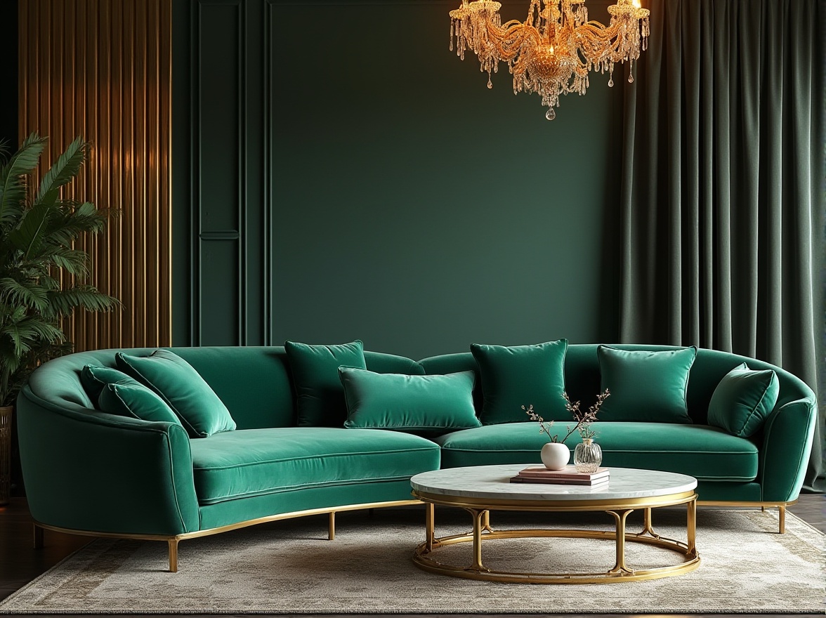 Prompt: Luxurious interior design, malachite green color scheme, velvet sofa, golden metal frame, marble coffee table, ornate chandelier, expensive rug, lavish curtains, posh living room, luxurious villa, evening ambiance, soft lighting, warm atmosphere, detailed textures, realistic reflections.