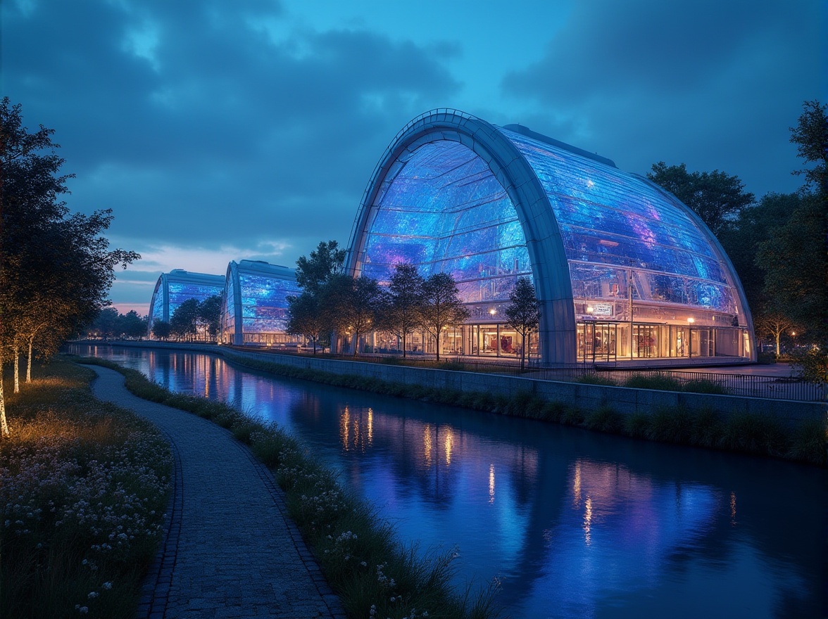 Prompt: Riverbank planetarium, streamline moderne style, futuristic architecture, curved lines, glass dome, stainless steel framework, LED light installations, starry night sky projections, ambient blue lighting, evening atmosphere, riverside location, walking path, lush greenery, blooming flowers, tranquil ambiance, 3/4 composition, wide-angle shot, cinematic mood, depth of field, realistic rendering.