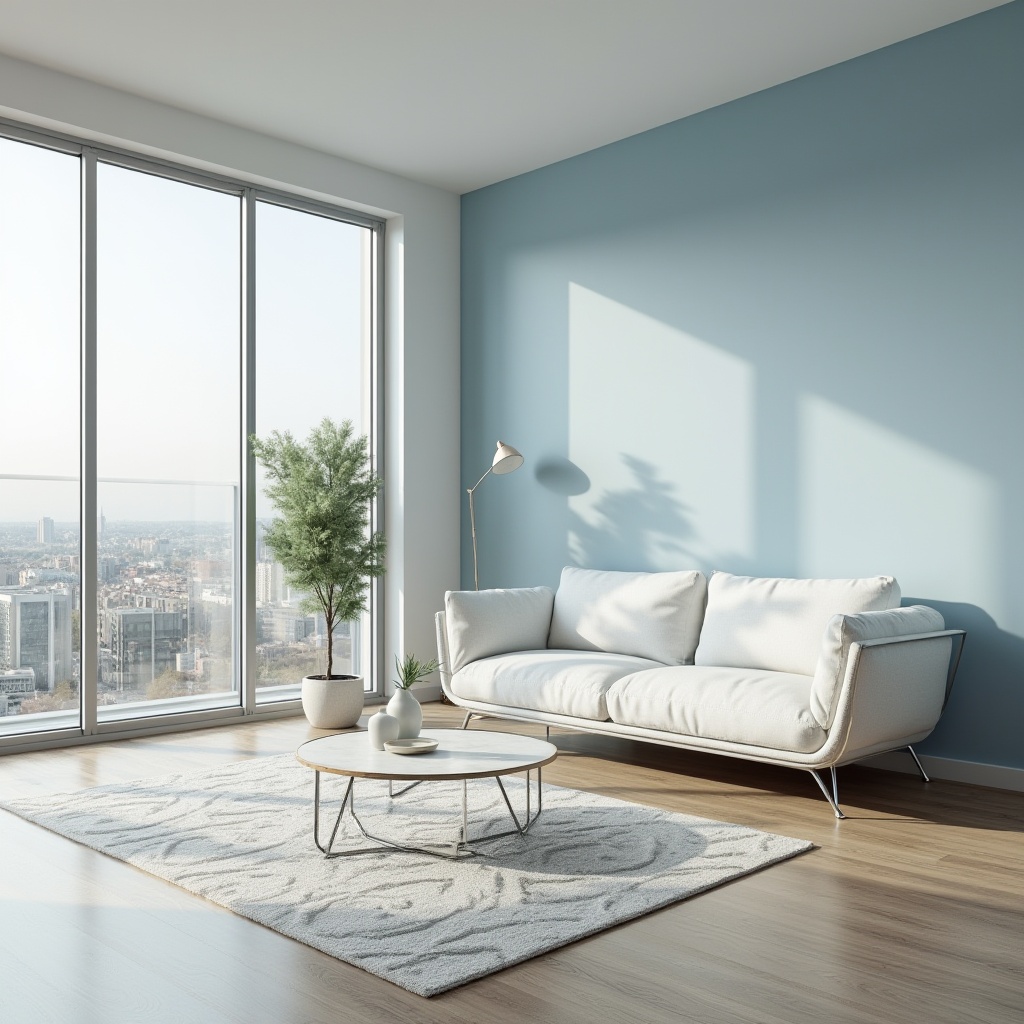 Prompt: Modern minimalist living room, baby blue accent wall, sleek low-profile sofa, chrome legs, white marble coffee table, geometric patterned rug, floor-to-ceiling windows, cityscape view, afternoon soft natural light, 3/4 composition, calm atmosphere, pastel color palette, Scandinavian design influence, wooden flooring, hidden lighting, simplicity emphasis.