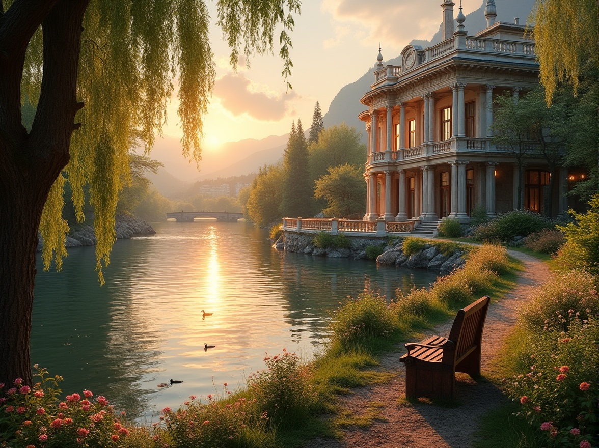 Prompt: Riverbank classicism, elegant villa, luxurious mansion, beautiful riverside, sunset time, golden light reflecting off calm water, weeping willows gently swaying near bank, a variety of wildflowers blooming in vibrant colors, narrow dirt path meandering alongside river, few ducks swimming lazily, old wooden bench facing river, untouched by hustle and bustle, distant mountains creating serene backdrop, soft ripples on water surface as light breeze passes, warm and soft ambient lighting, luxurious exterior design, marble columns, grand entrance, symmetrical facade, ornate decorations, rich wood tones, comfortable outdoor seating area.