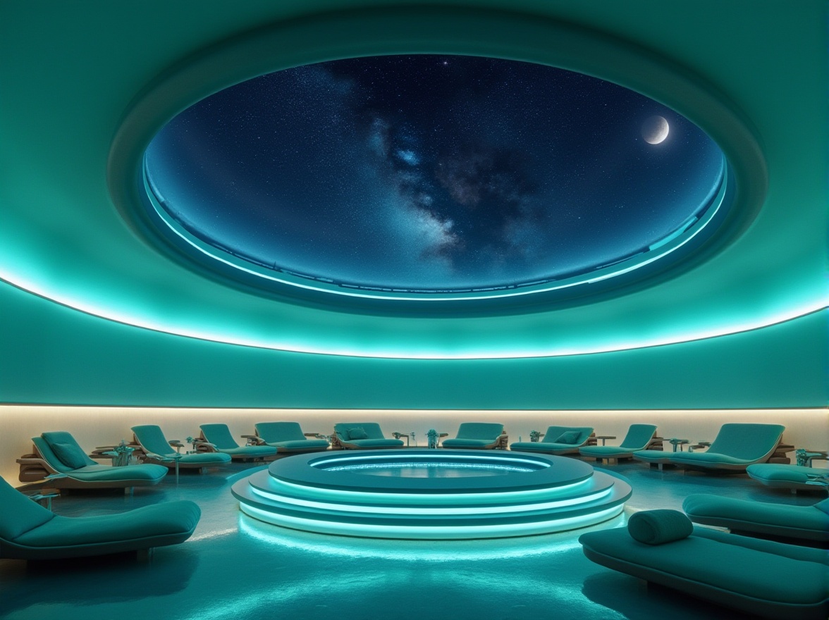 Prompt: Planetarium interior, calm atmosphere, mint color scheme, gentle curves, futuristic architecture, soft glowing lights, starry night sky projection, celestial bodies, 3D visual effects, reclined seating area, comfortable cushions, metallic accents, minimalist decor, ambient lighting, relaxing ambiance, calming mood, subtle shadows, circular composition, low-angle shot, warm glow, vibrant mint walls, dark blue ceiling, silver rails, polished floor, astronomical instruments display.