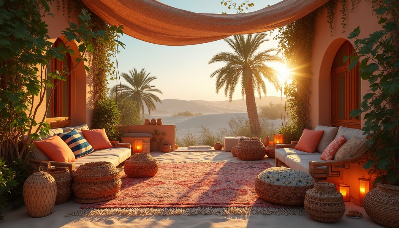 Prompt: Cozy oasis, desert landscape, sandy dunes, palm trees, vibrant greenery, colorful textiles, woven baskets, rustic lanterns, wooden accents, plush cushions, warm lighting, intimate seating areas, Moroccan-inspired architecture, intricately patterned rugs, soft pastel colors, serene ambiance, 3/4 composition, warm golden light, cinematic mood.