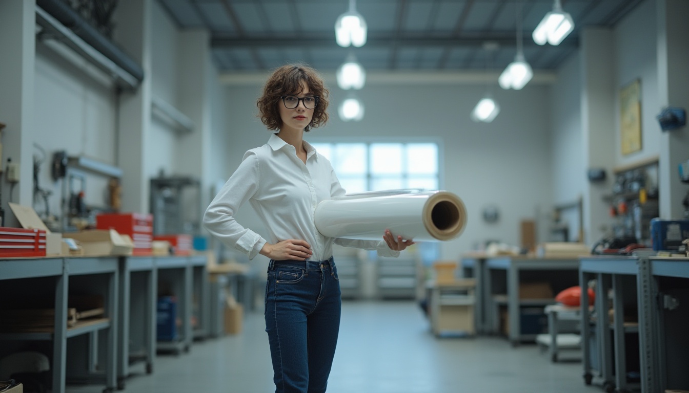 Prompt: Modern designer, female, 25yo, standing, confident pose, black glasses, short curly brown hair, minimal makeup, white shirt, dark blue jeans, sneakers, holding a roll of polyethylene film, workshop, industrial setting, metal tables, machinery, toolboxes, fluorescent lights, high ceiling, urban atmosphere, soft natural light, shallow depth of field, product design, innovation, futuristic concept, 3/4 composition, vibrant colors.