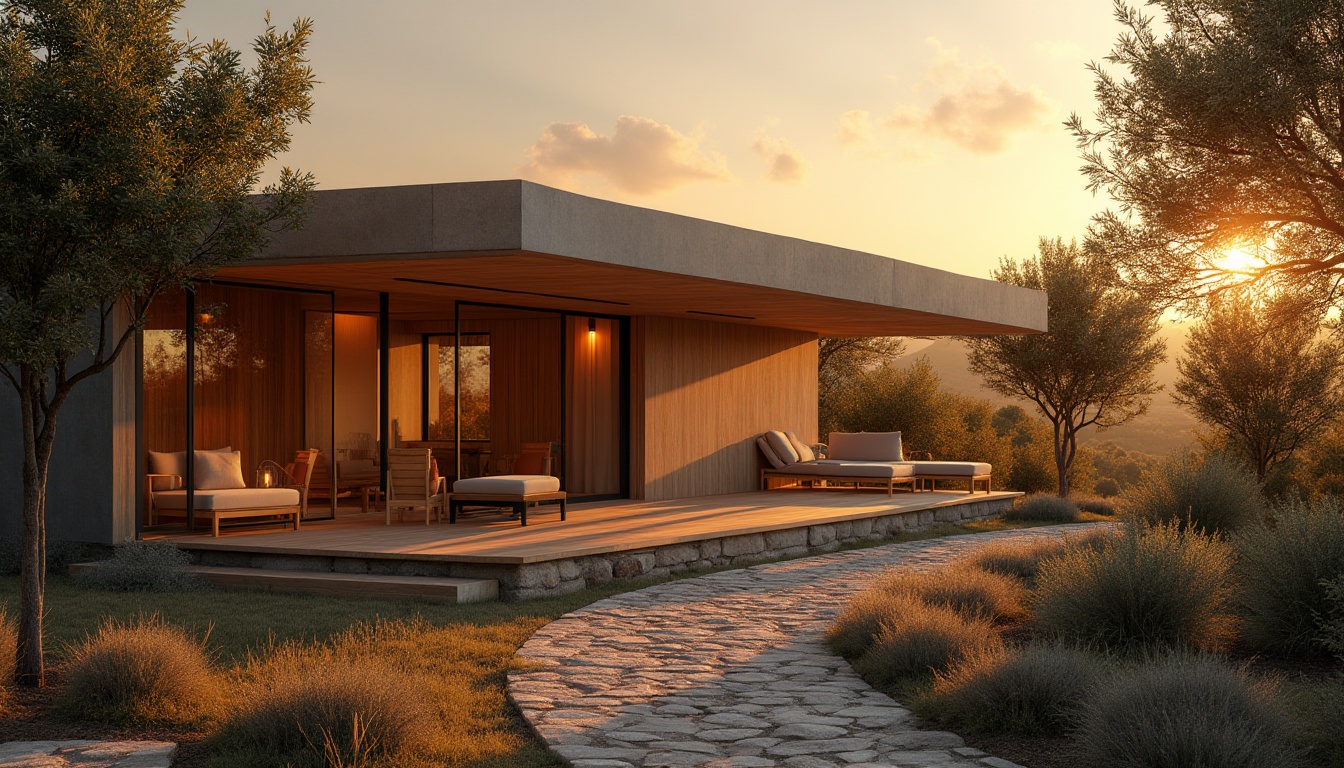 Prompt: Warm amber color, cozy atmosphere, modern minimalist villa, large glass windows, sleek lines, wooden accents, warm lighting, soft shadows, Mediterranean landscape, lush greenery, olive trees, rustic stone path, sunset time, gentle breeze, 3/4 composition, shallow depth of field, cinematic mood, ambient Occlusion.